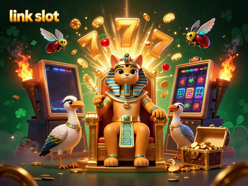 Experience the excitement of link slot games with a vibrant 3D representation featuring a royal cat and slot machines.