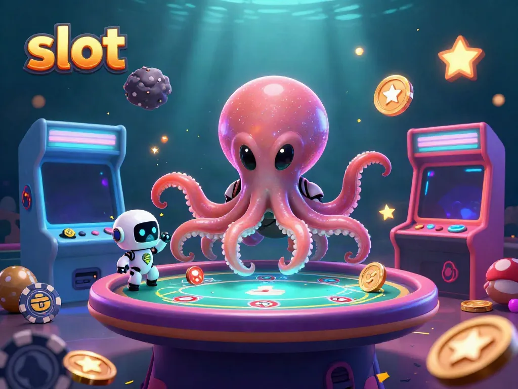 Engaging slot gaming scene featuring a cartoon octopus and robot at a holographic poker table.
