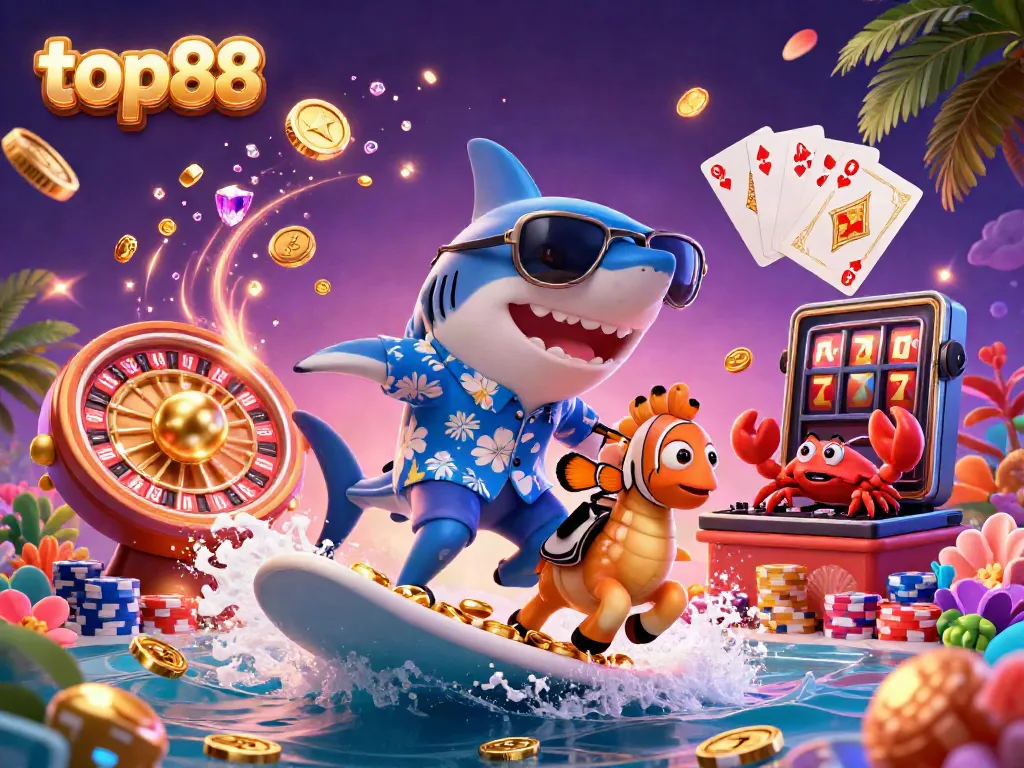 Experience the thrill of top88 with a shark surfer and vibrant casino elements.