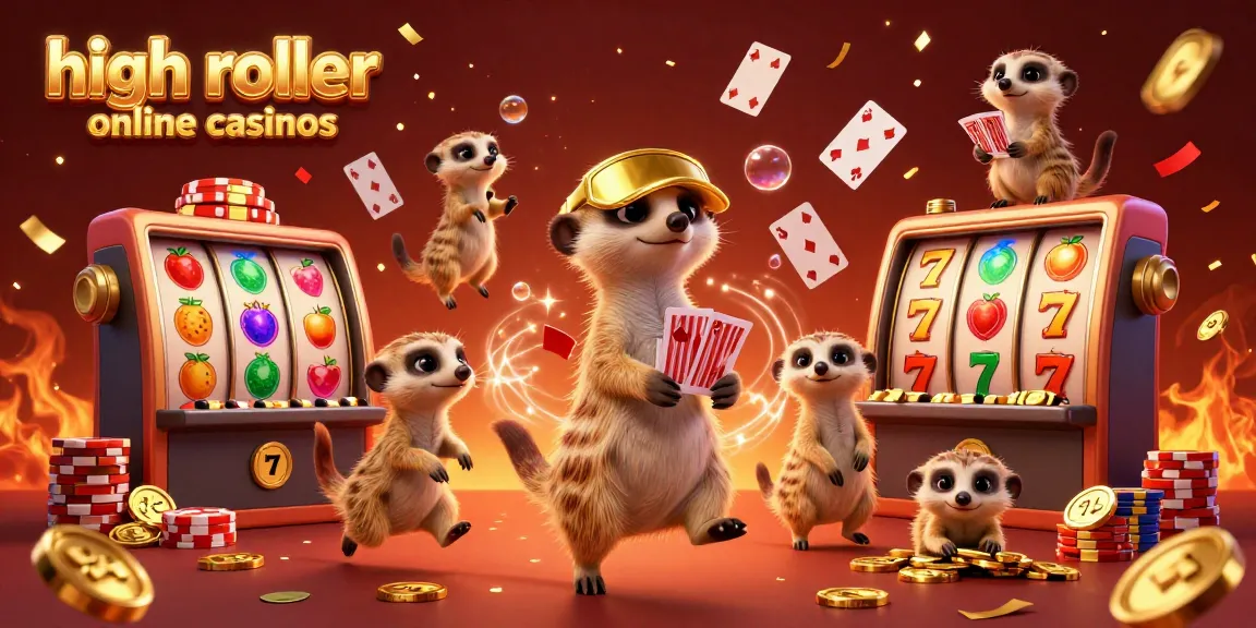 Engage with high roller online casinos in a colorful meerkat casino scene filled with rich casino elements and excitement.