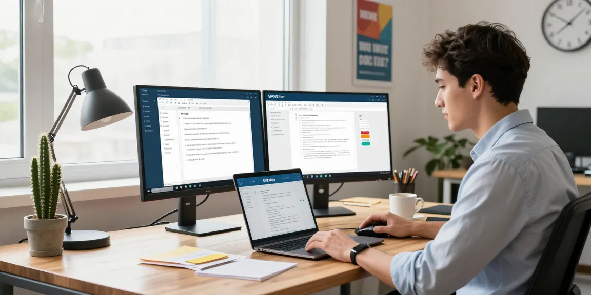 Download WPS Office on dual monitors in a modern workspace with a professional engaged in a video call.