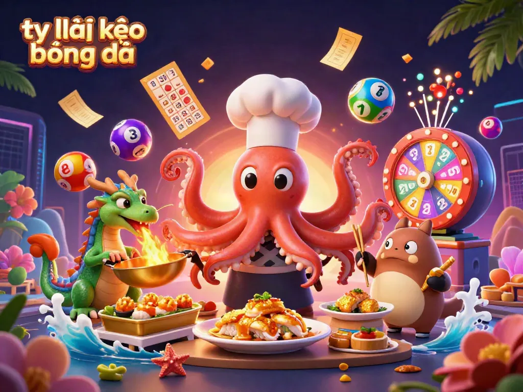 Experience the dynamic world of tỷ lệ kèo bóng đá with a whimsical octopus chef, dragon, and tanuki.
