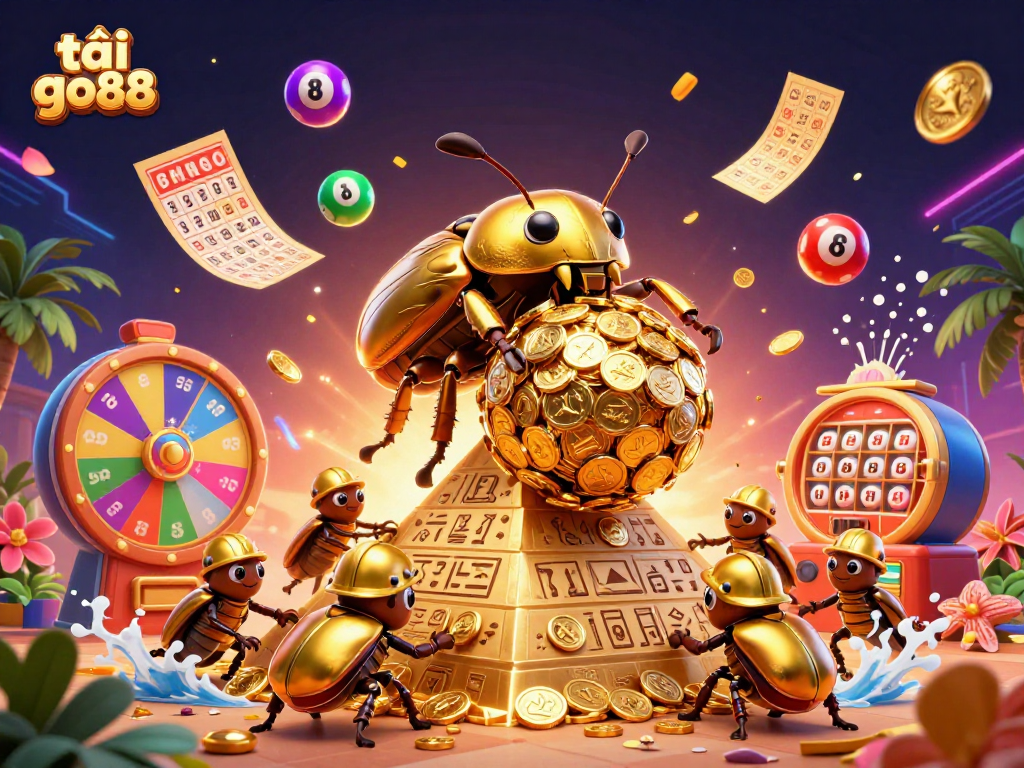 Experience fun and excitement to tải go88 with a vibrant 3D illustration showcasing golden coins, gaming elements, and lively characters.