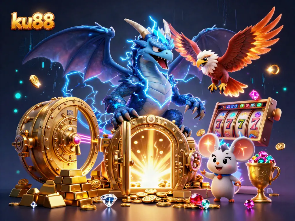 ku88's stunning 3D illustration captures a thunder dragon and hawk amidst exciting casino elements, symbolizing online gaming.