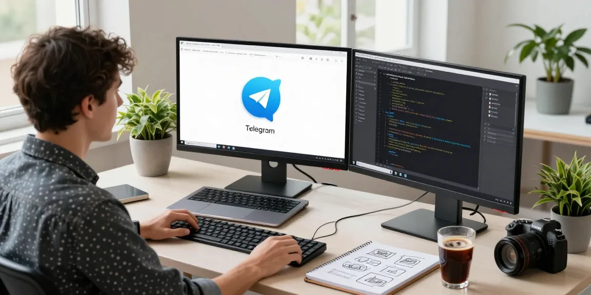 Telegram Download showcased in a modern workspace with dual monitors displaying app development and coding.