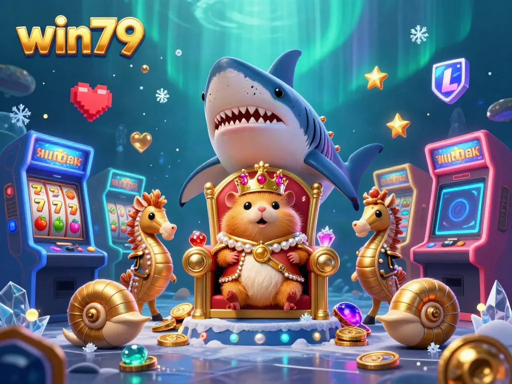 Experience thrilling gambling adventures with win79, featuring a unique scene of a golden hamster king and vibrant casino elements.