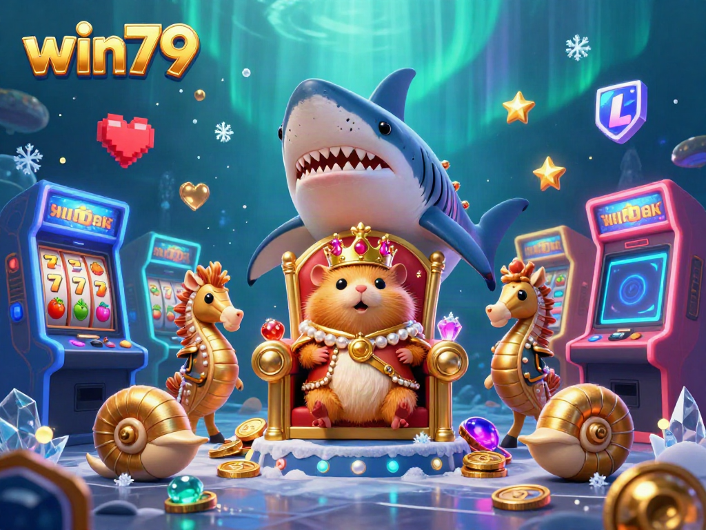 Experience thrilling gambling adventures with win79, featuring a unique scene of a golden hamster king and vibrant casino elements.