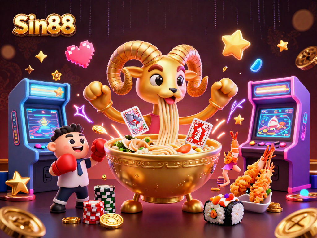 Sin88 brings excitement with a giant golden ramen bowl dealer and vibrant casino elements.