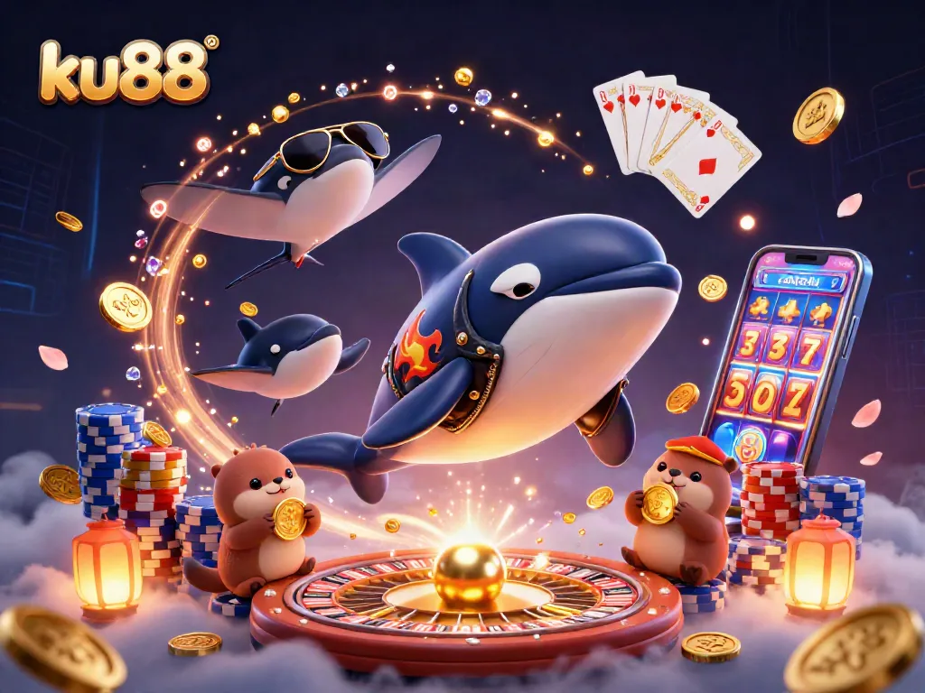 ku88 showcases an exciting casino scene with a jumping orca, stingray, and otter family amidst flying coins and game elements.