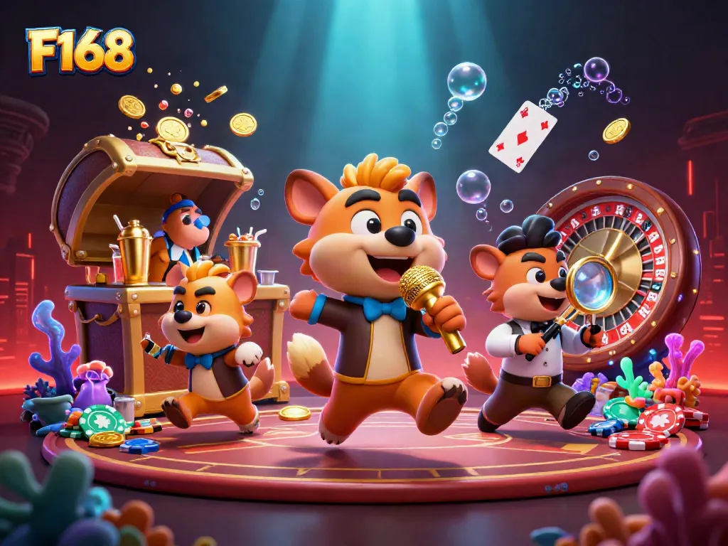 Engage with the vibrant F168 comedy casino scene featuring hyenas, poker, and gold treasures.