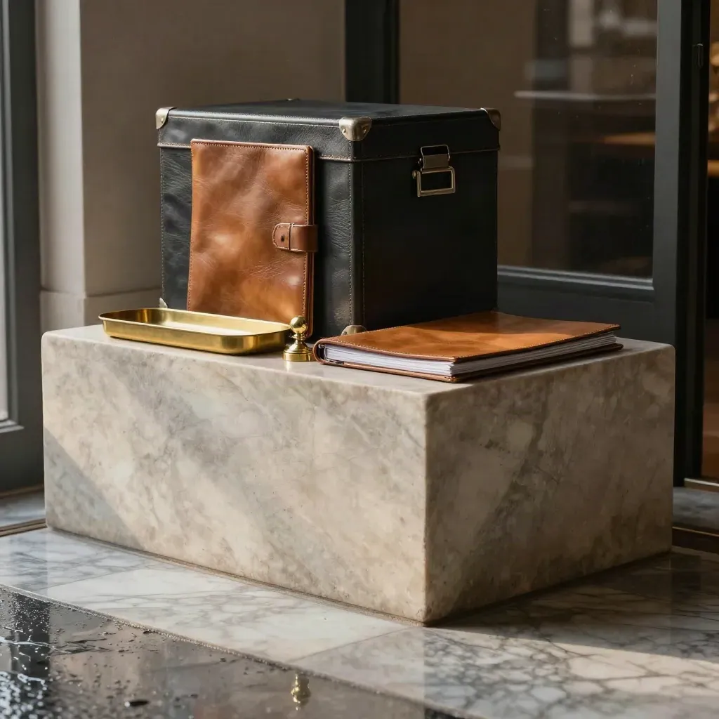 Stone plinth with leather investor folders, brass trays, and marble in a misty funding salon.