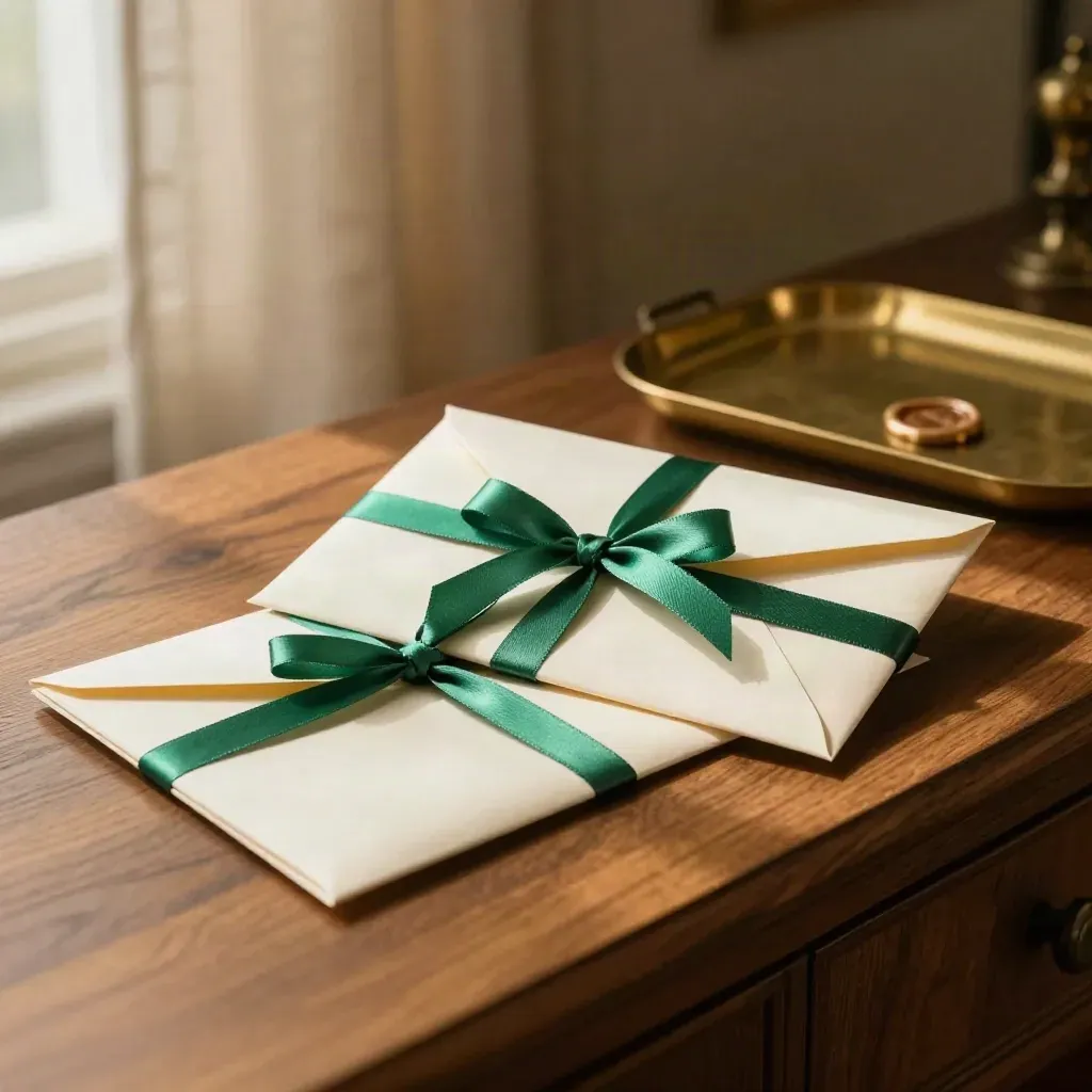 Sealed ivory envelopes tied with emerald ribbon beside a brass tray on a walnut console.