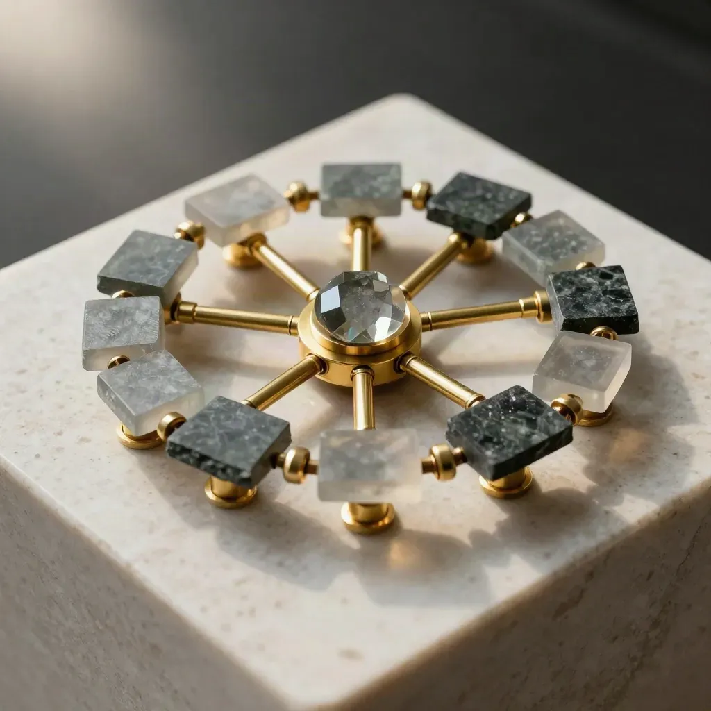 Brass connectors complete a circular syndicate network around a central slate-grey lead stone.