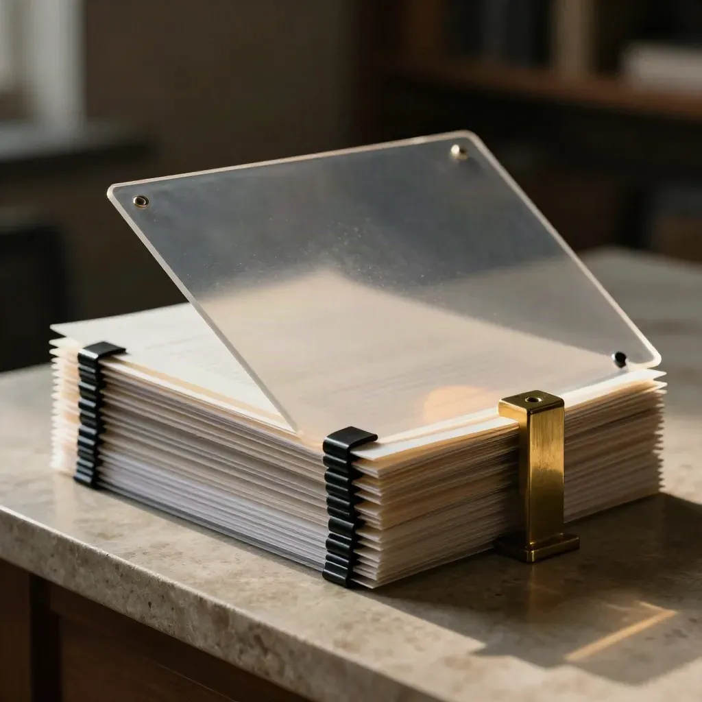 Layered acetate review sheets, black clips, and brass paperweight on a pale stone table