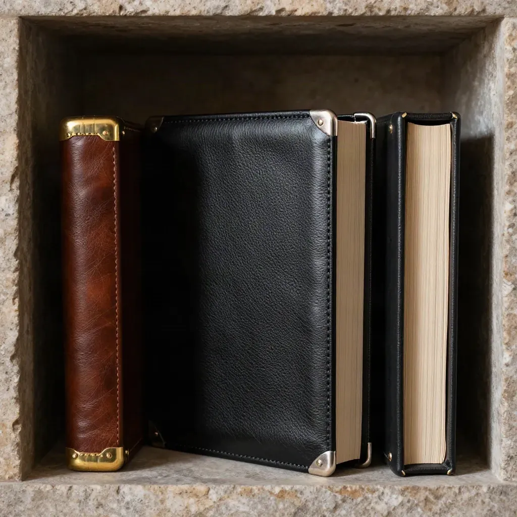 Black lead investor case centered between two premium dossier cases in a stone alcove.