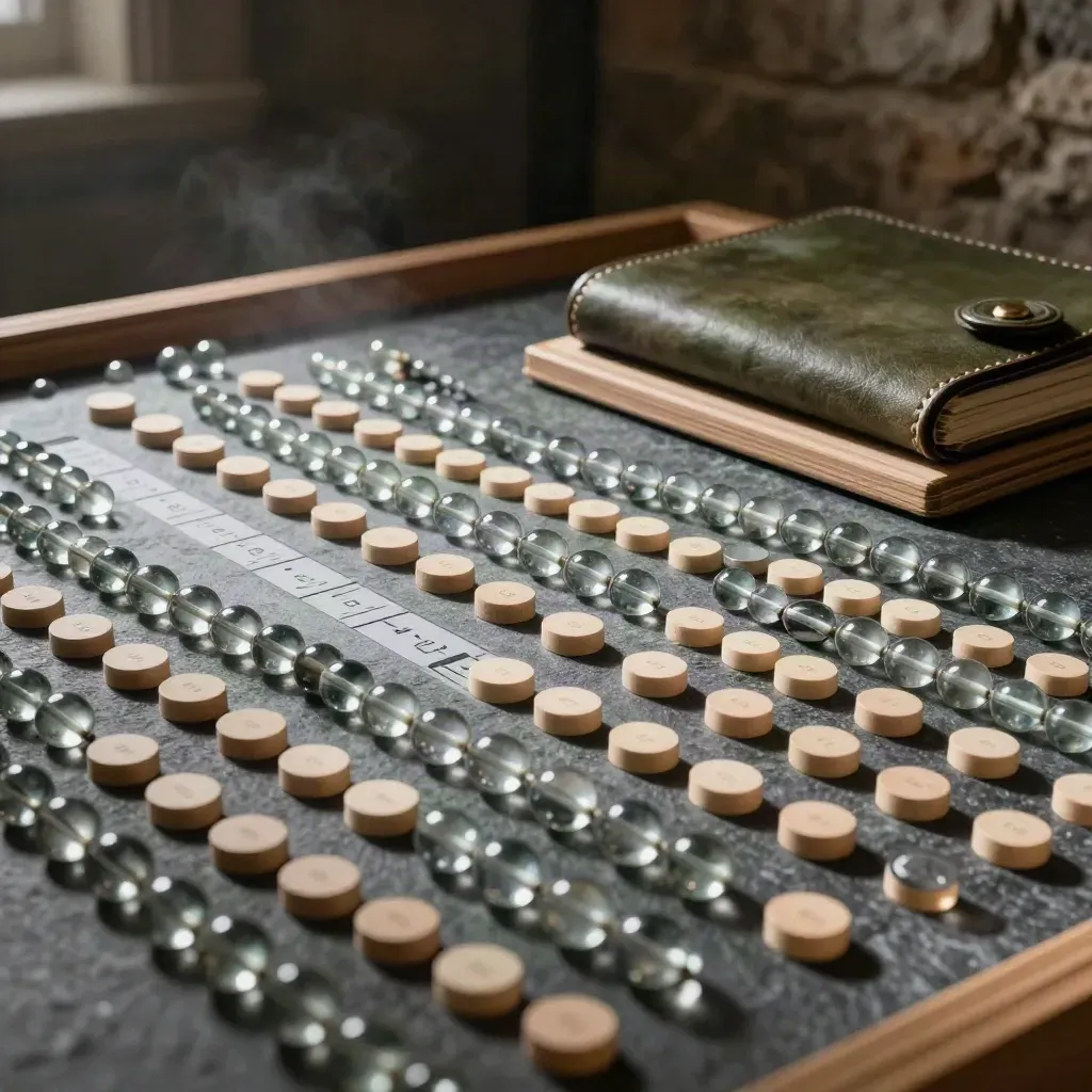 Glass tally beads and pale wood ownership tokens beside a folded ledger case on a stone plinth.