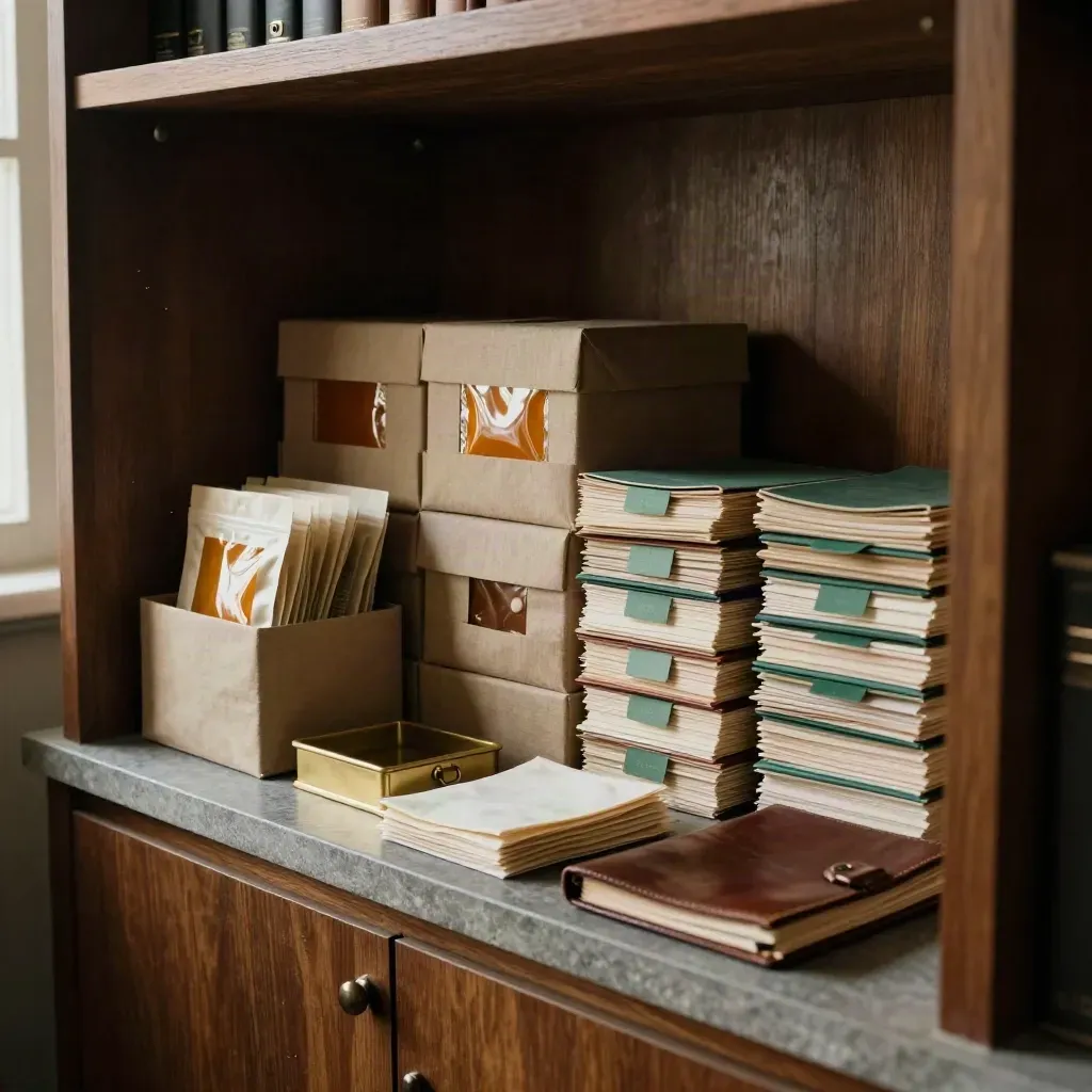Organized archive boxes, sample pouches, and emerald clip stacks on a stone shelf in warm afternoon light.