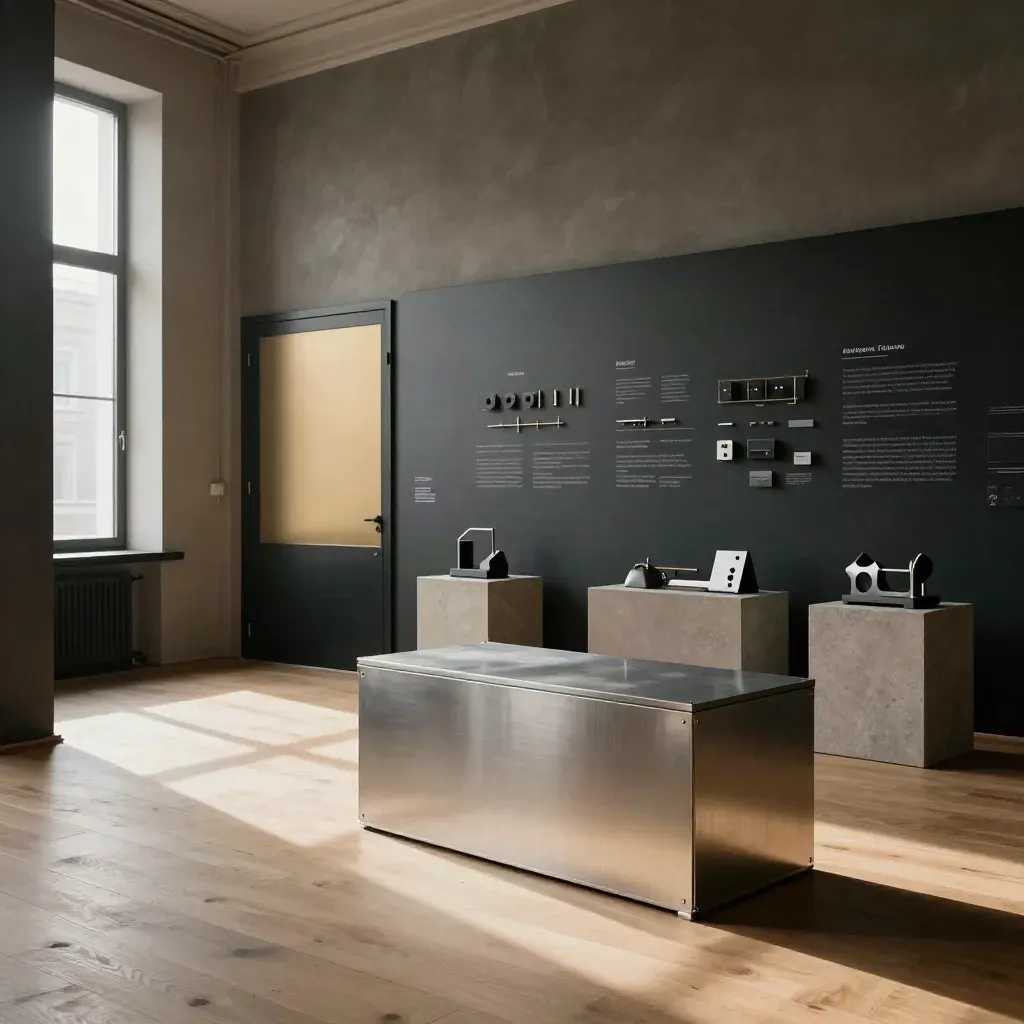Empty Berlin loft with demo wall, closed cases and hardware prototypes in soft morning light.