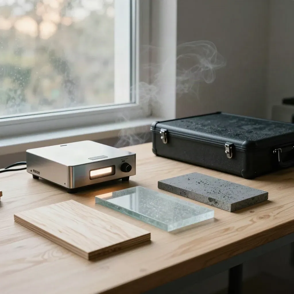 Climate lab bench with analyzer, aligned material samples, and closed case in cool window mist