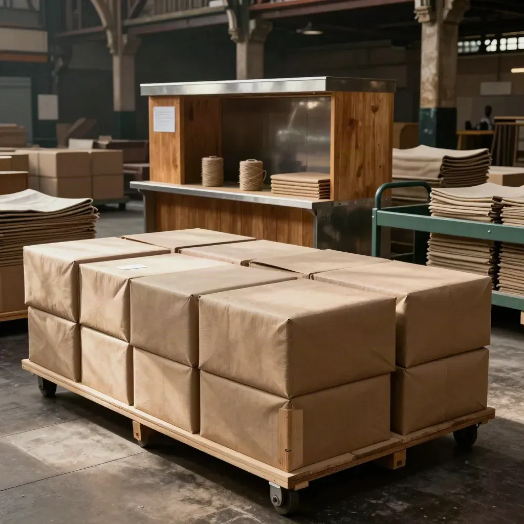 Empty Dublin market hall with stacked parcels, crates, and a warm packing station in haze.