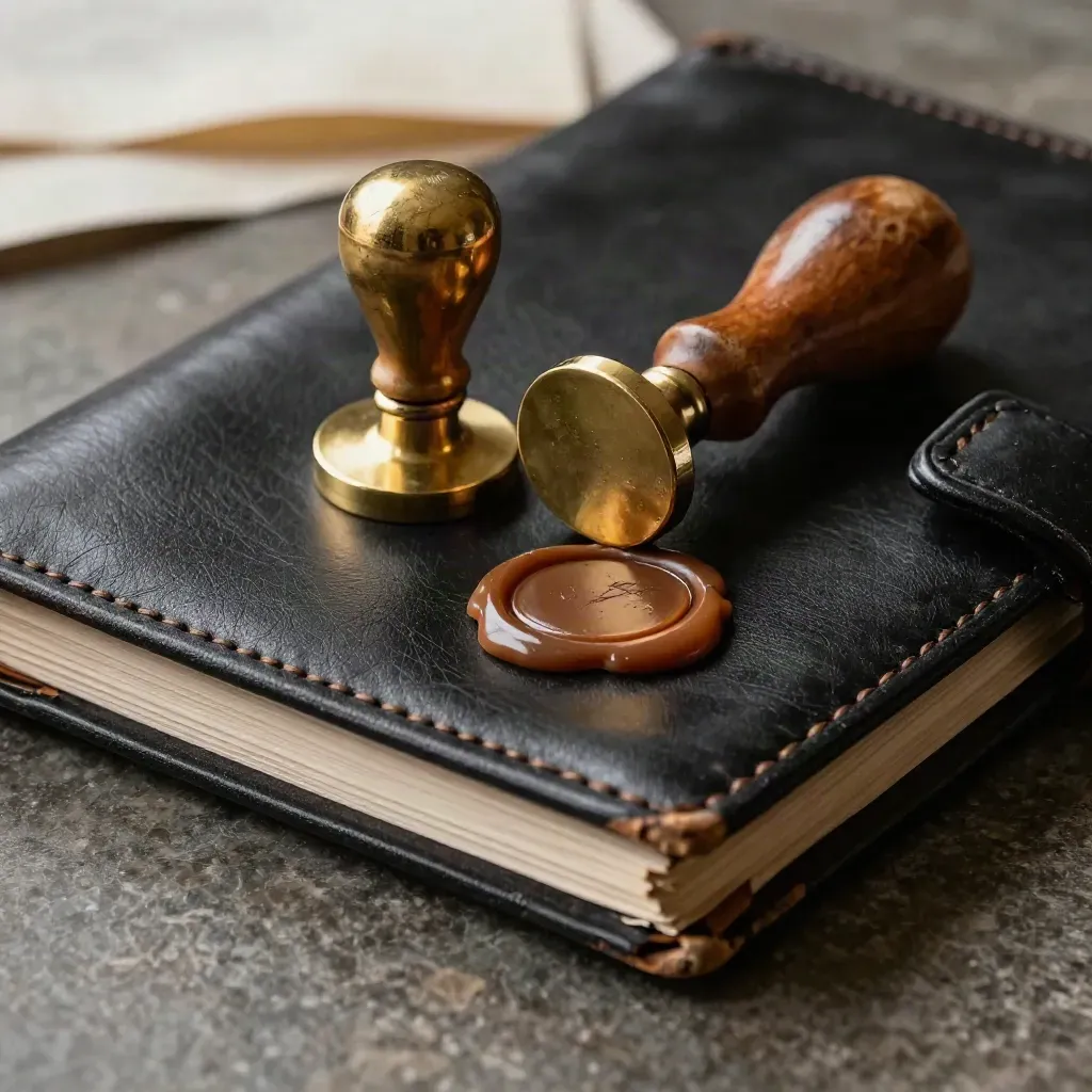 Macro of a black deal folio, brass seal stamp, amber wax seal on dark stone.