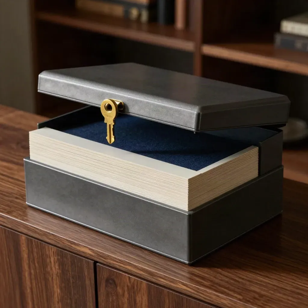 Matte deal box with face-down tabs and brass clips on walnut in moody light.