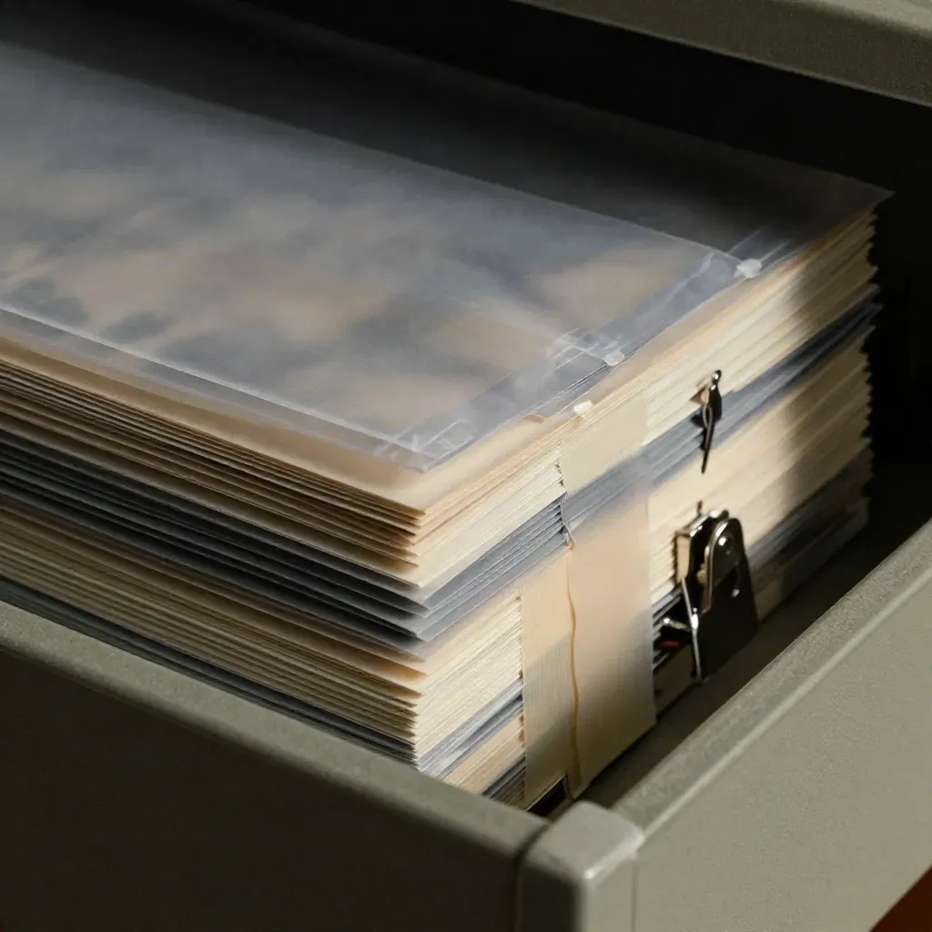 Macro of archival sleeves and sealed sample pouches clipped in sequence on a felt-lined archive drawer.