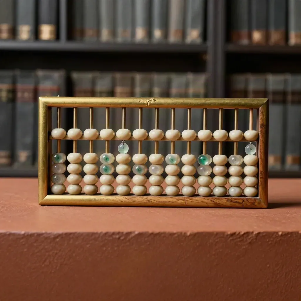 Brass counting frame, translucent ownership tokens and wooden tray on a terracotta ledge.