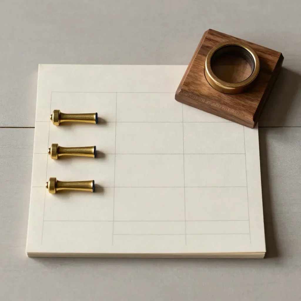 Ivory planning grid with brass markers and walnut tray on pale wood, seen from above.