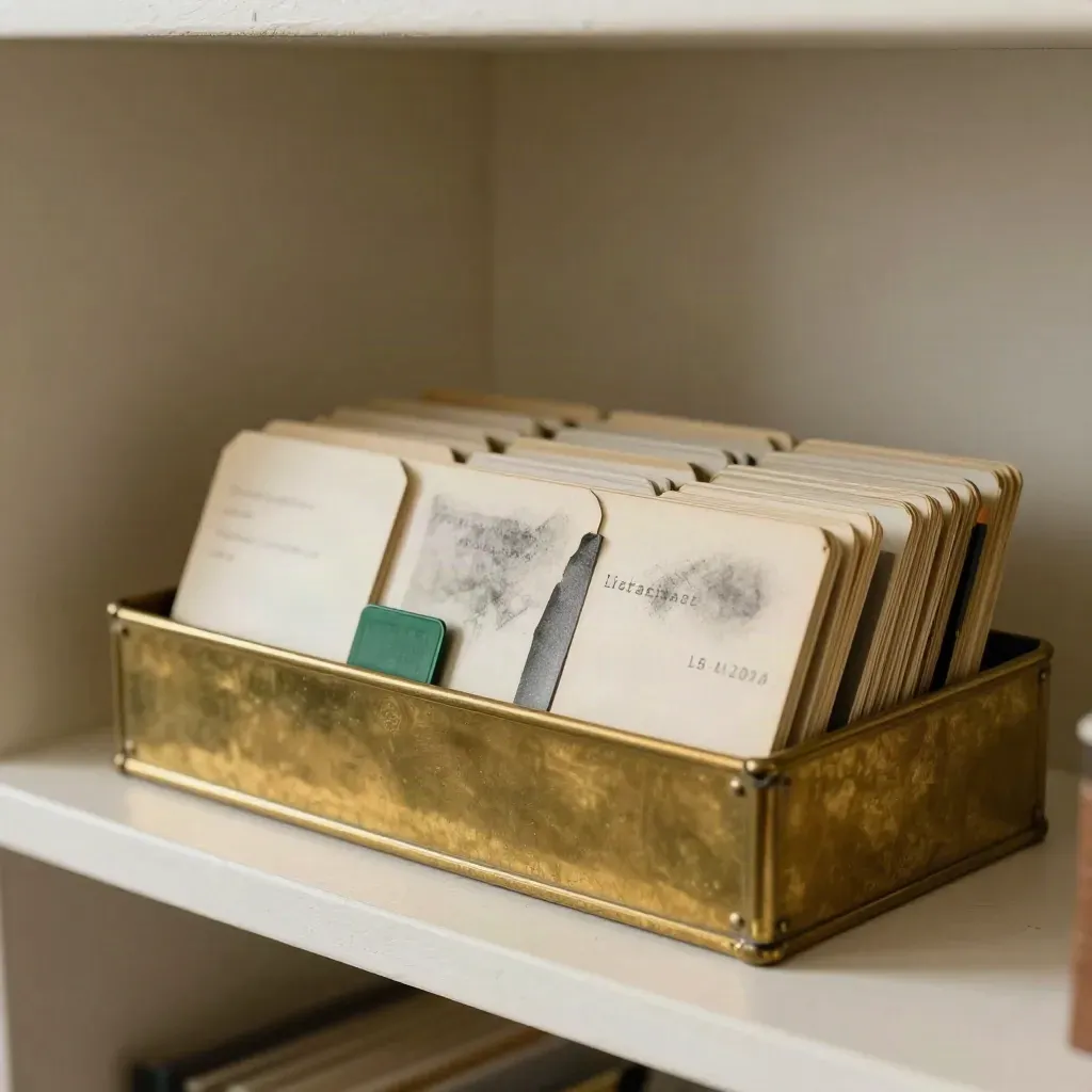 Brass index box and face-down contact cards on a plaster shelf with a dark pencil.