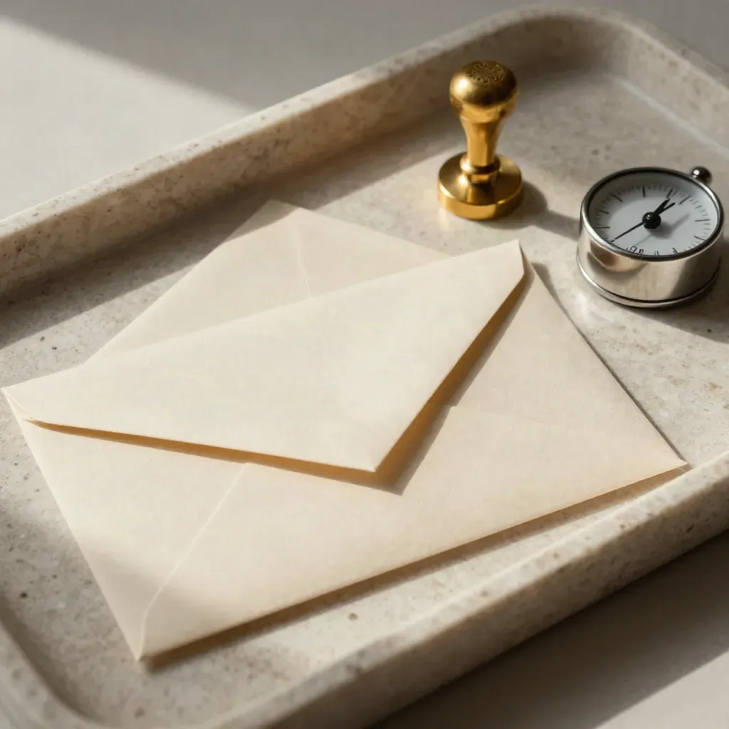Brass stamp, sealed envelopes and timer on travertine, softly lit from one side.