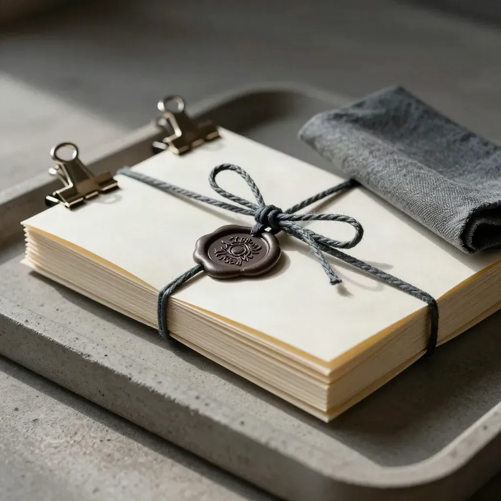 Wax-sealed closing bundle with metal clips on a stone tray, lit softly from one side.