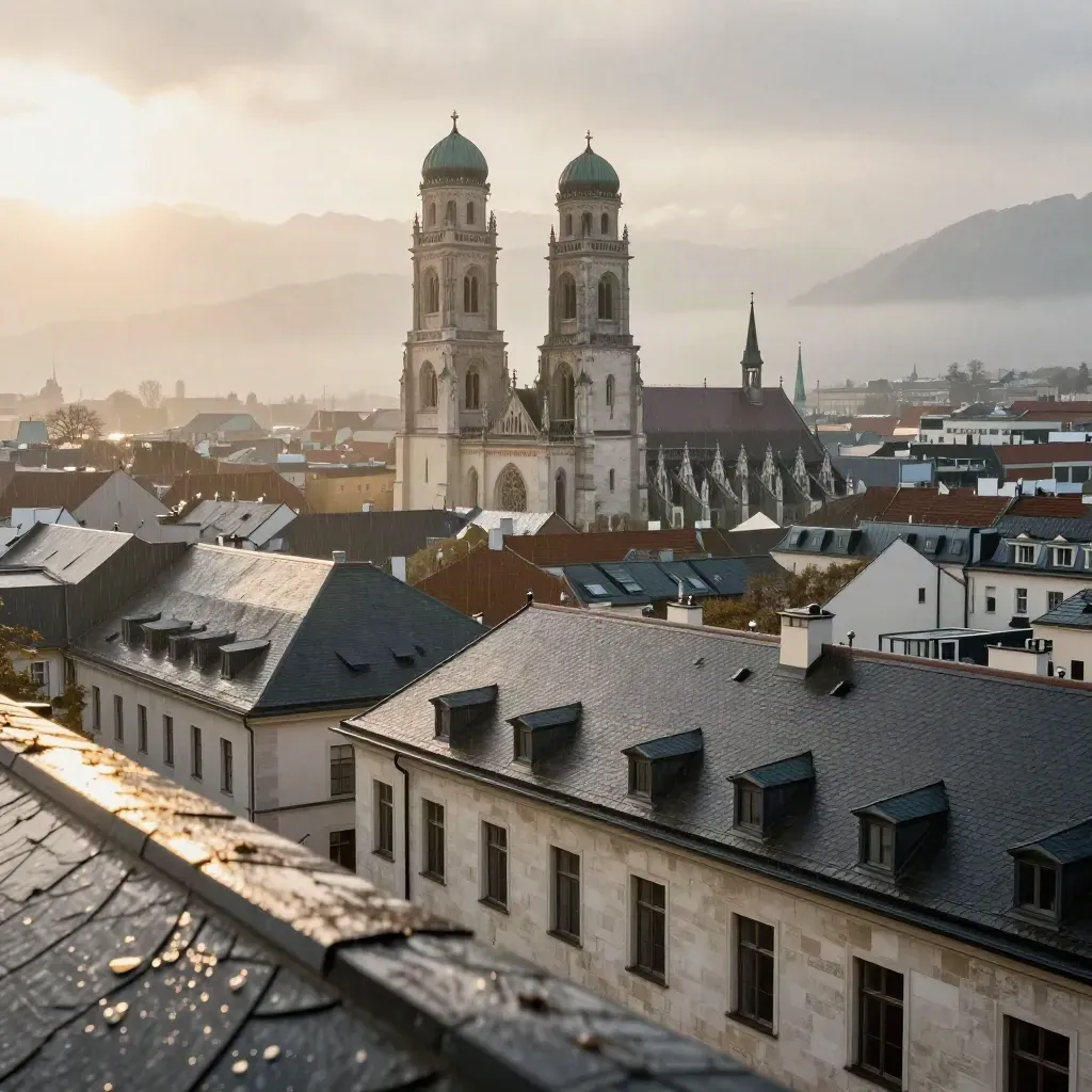Munich rooftops after rain with cathedral towers, mist, and a faint Alpine horizon.