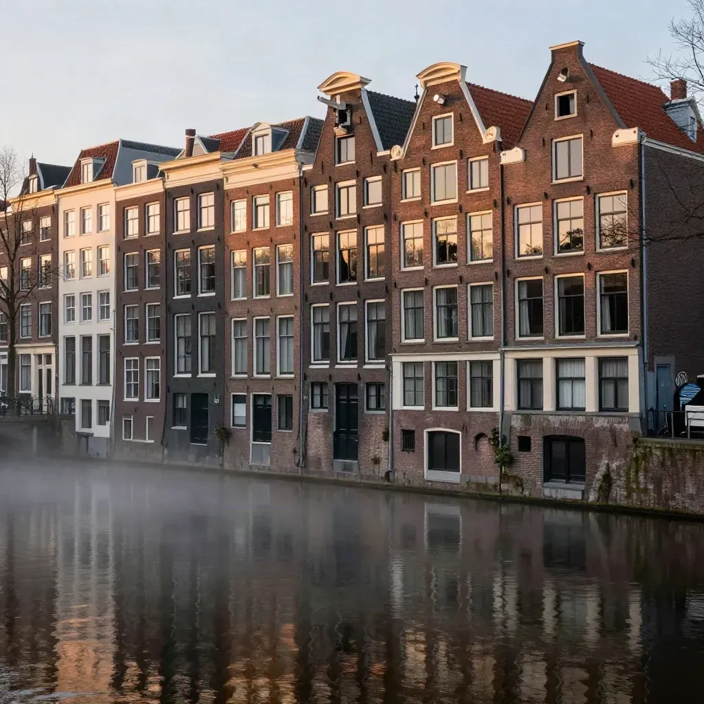 Amsterdam canal district at dawn, brick gables above calm misty water.