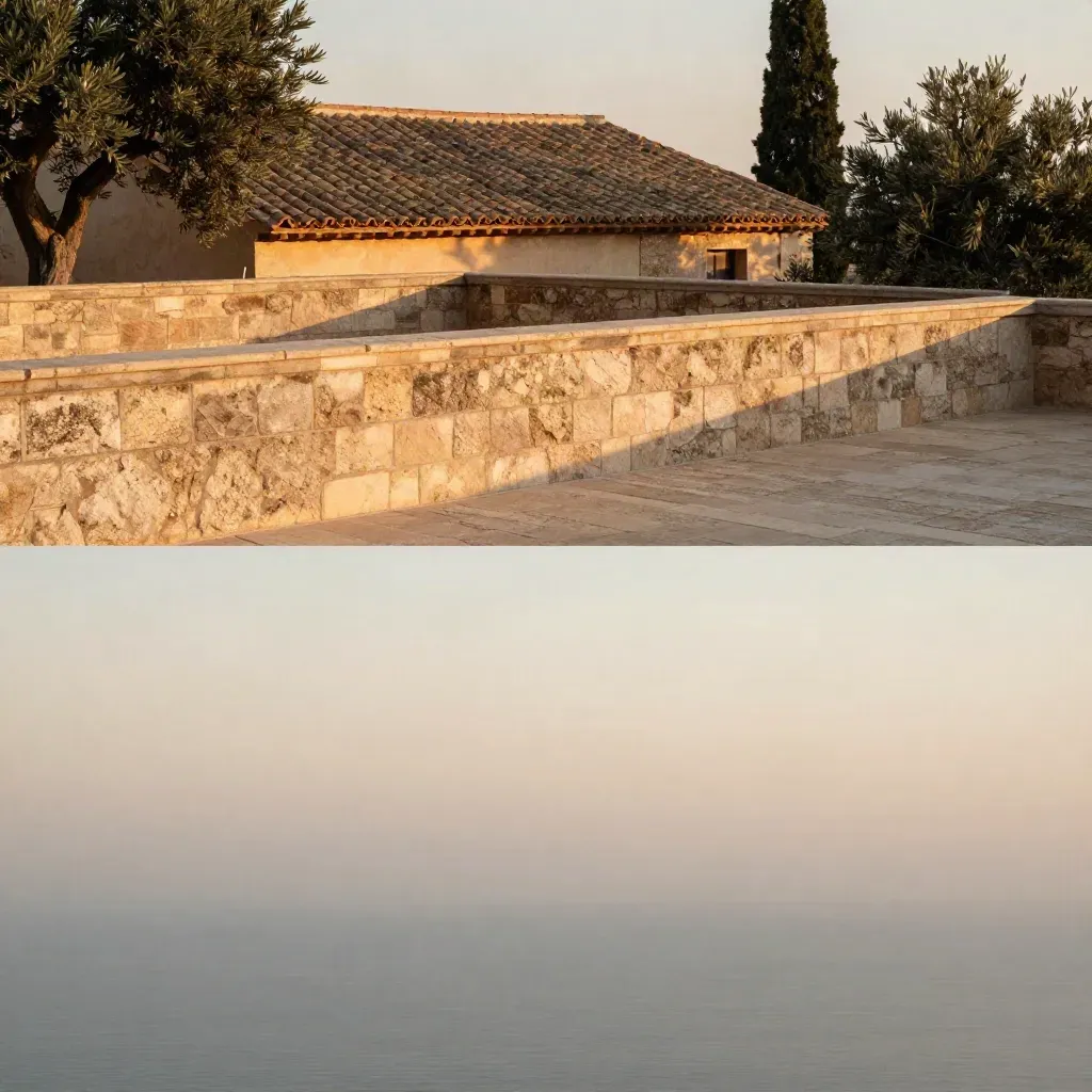 Hazy Mediterranean terrace with terracotta rooftops, limestone, and calm open space below.