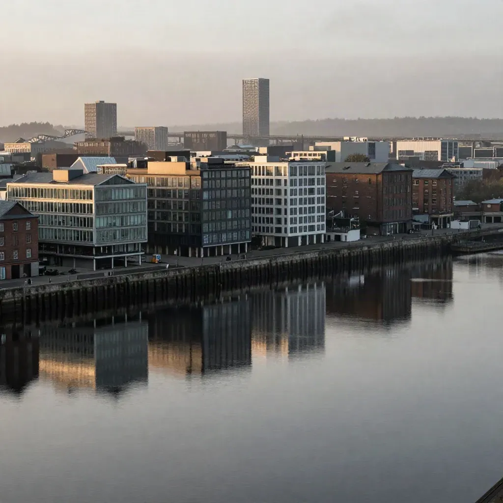Still riverfront skyline in northern haze with calm water and soft evening light