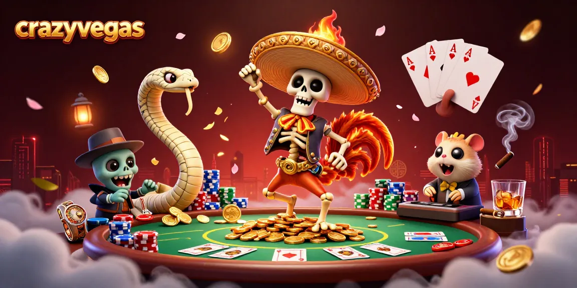 Experience the excitement of crazyvegas with a vibrant 3D casino scene featuring lively characters and poker elements.