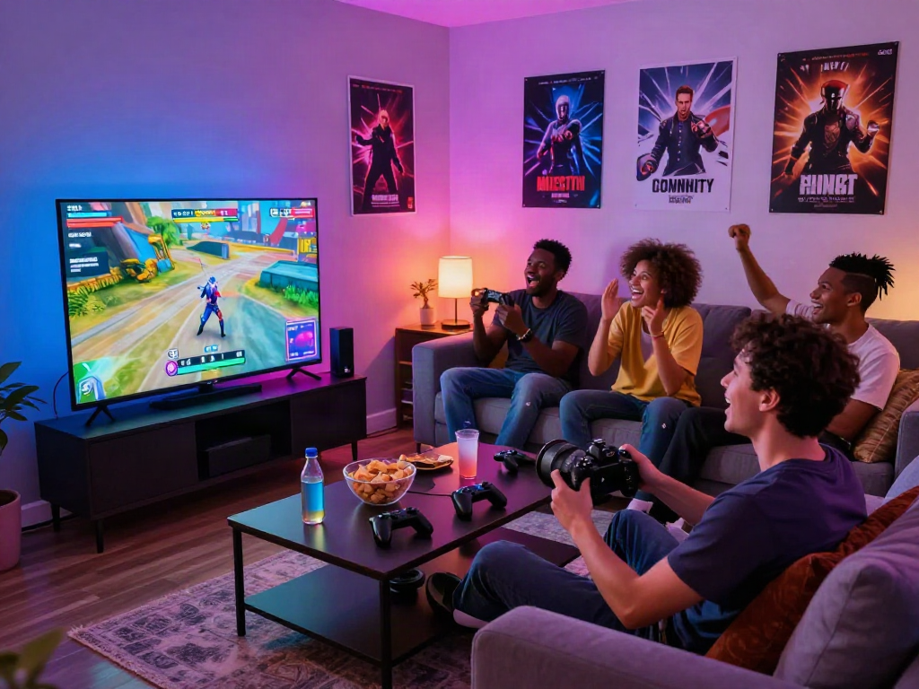 Friends enjoying a multiplayer porn game in a vibrant living room filled with gaming gear and snacks.
