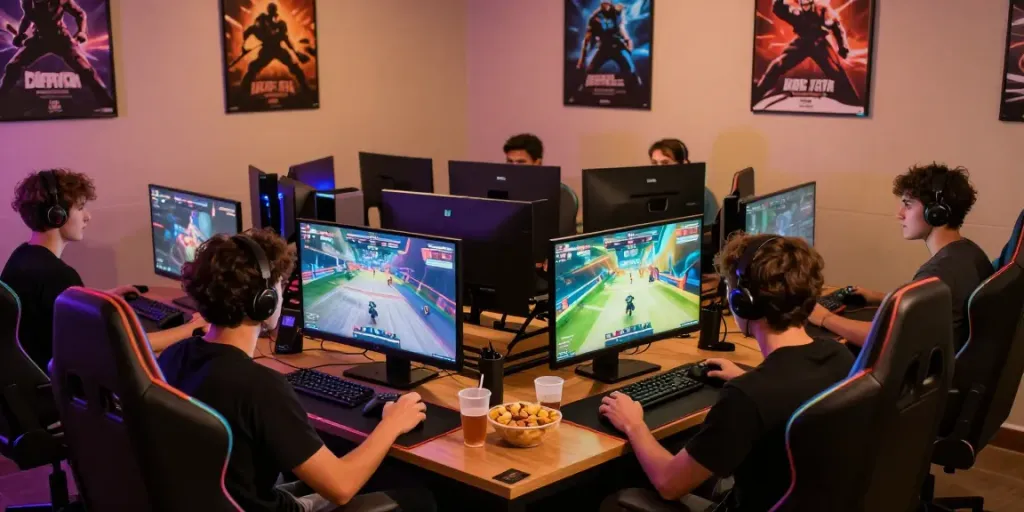 Exciting gaming lounge scene featuring friends enjoying rokok88 video games.