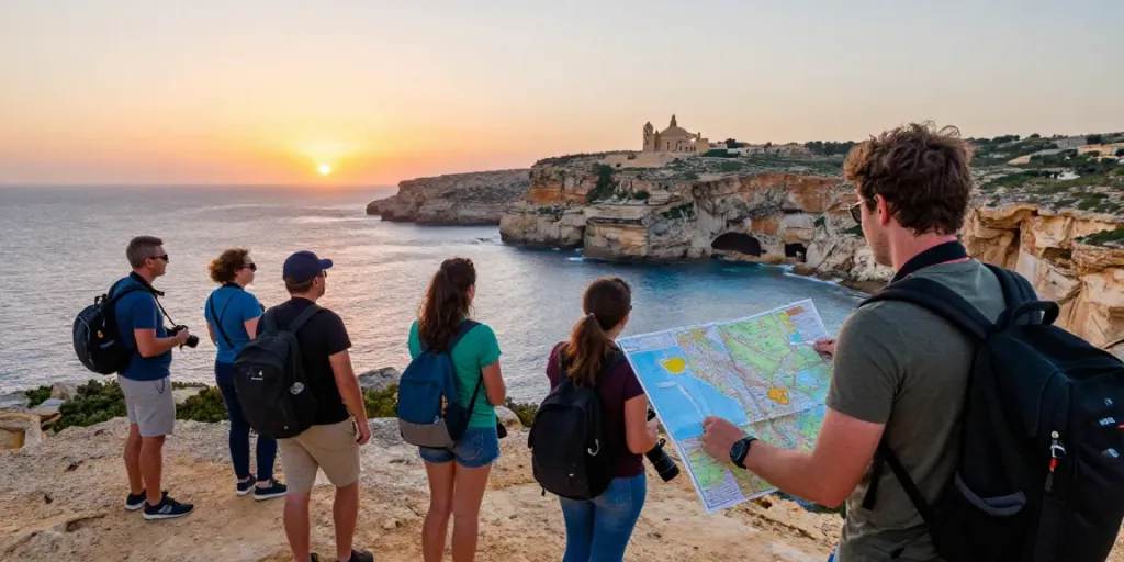 Malta Gozo tour travelers enjoying breathtaking coastal views during sunrise.