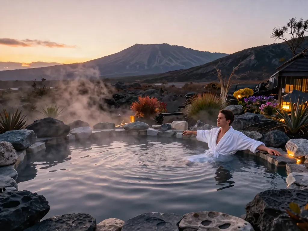 Relaxing moment in a volcanic mineral onsen pool at ROKOK88, highlighting the serene experience of rokok88 login.