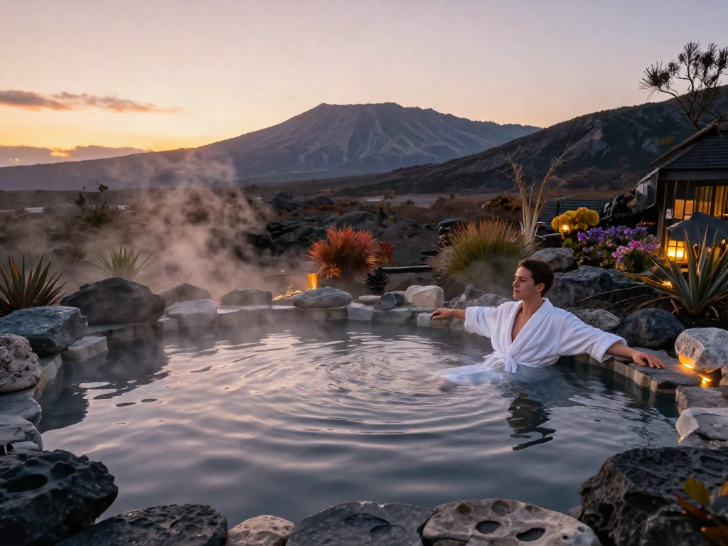 Relaxing moment in a volcanic mineral onsen pool at ROKOK88, highlighting the serene experience of rokok88 login.