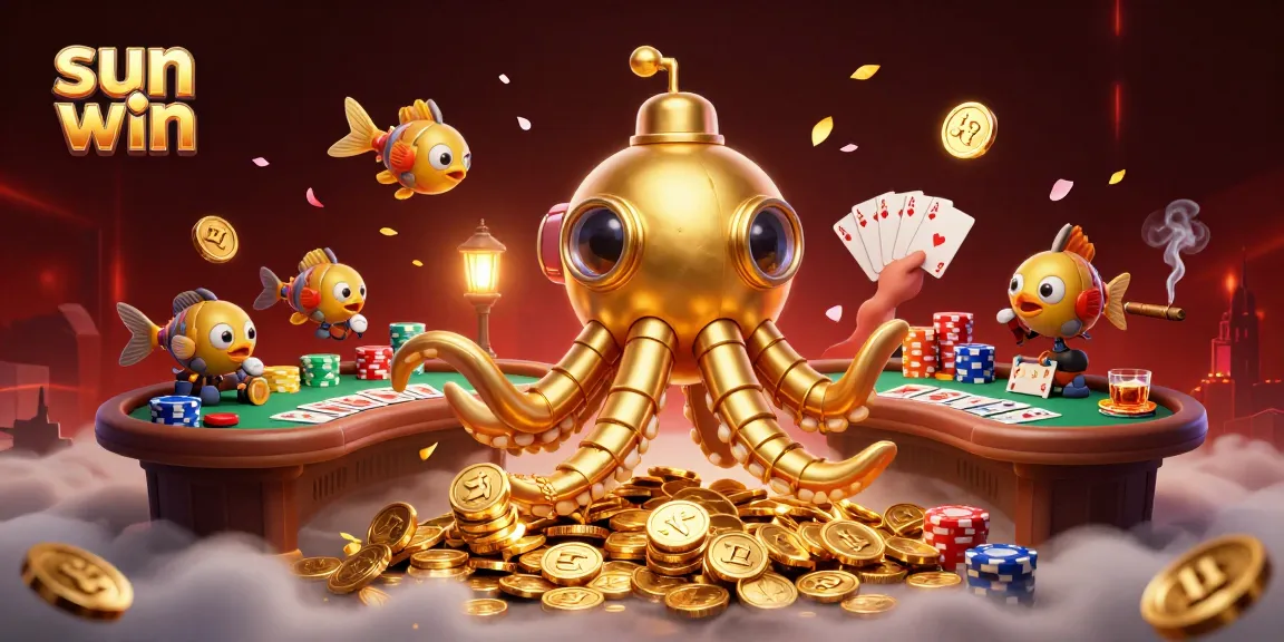 Win big with sun win in a vibrant 3D casino scene featuring golden kraken and poker elements.