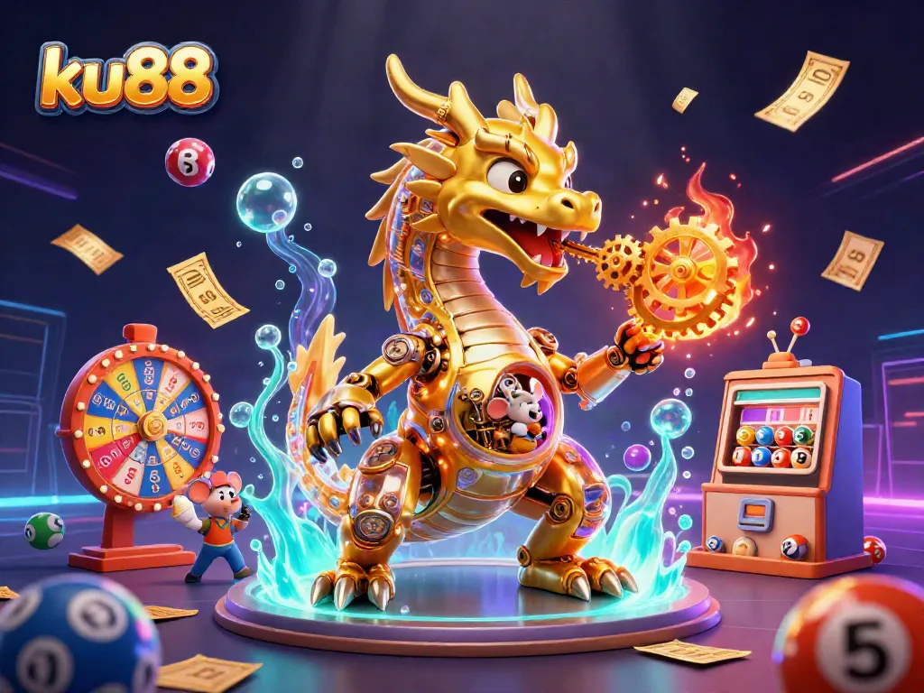 ku88 offers thrilling experiences with a stunning dragon amidst vibrant lottery elements.
