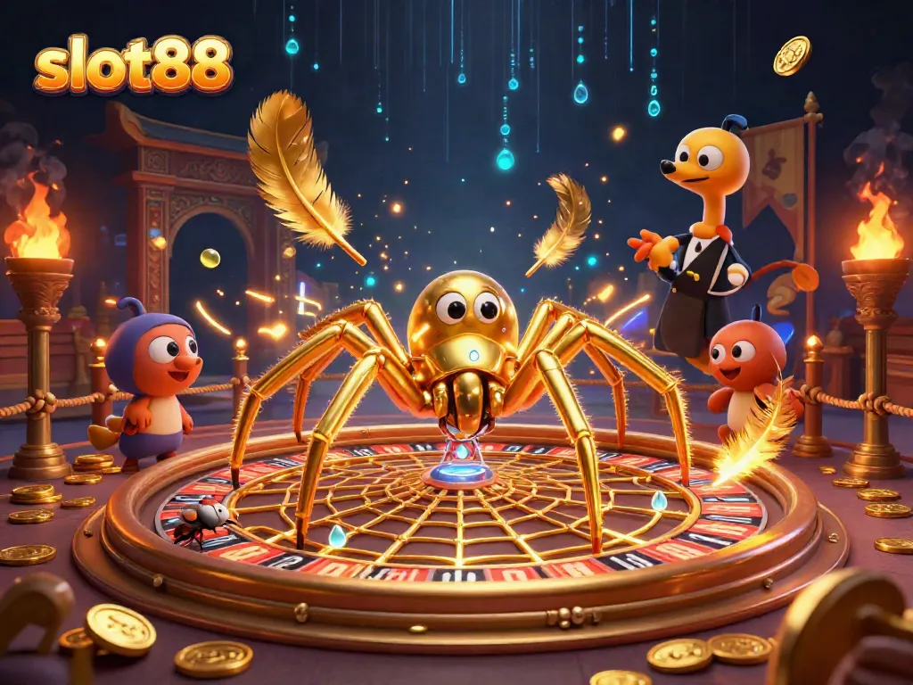 Experience thrilling bets at slot88 with a golden spider croupier, roulette web, and vibrant casino elements.