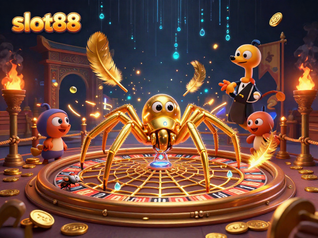 Experience thrilling bets at slot88 with a golden spider croupier, roulette web, and vibrant casino elements.
