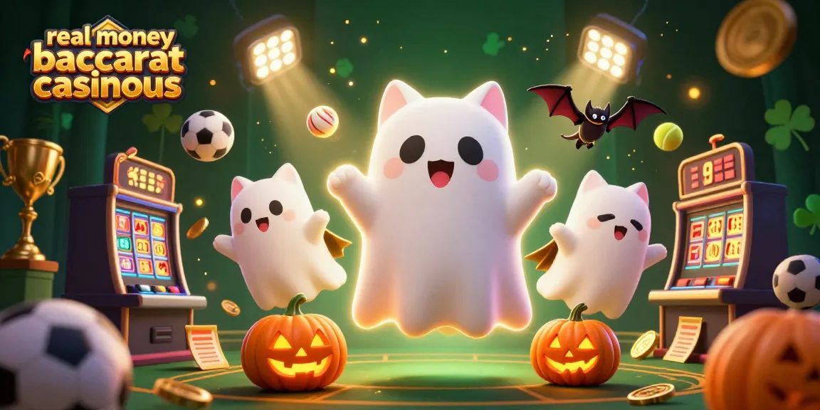 Engage with real money baccarat casinous, featuring a ghost cat and vampire bat amidst glowing casino elements.