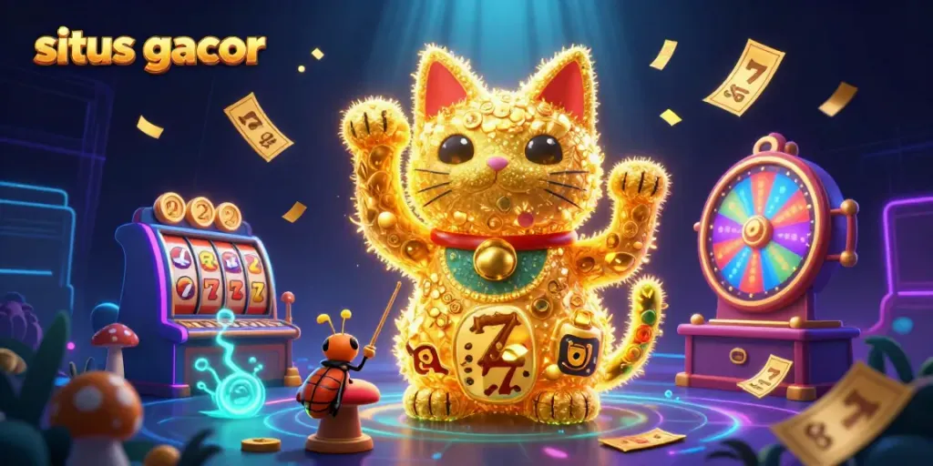 Experience winning at situs gacor with a dynamic scene of a lucky cat and colorful slot elements.