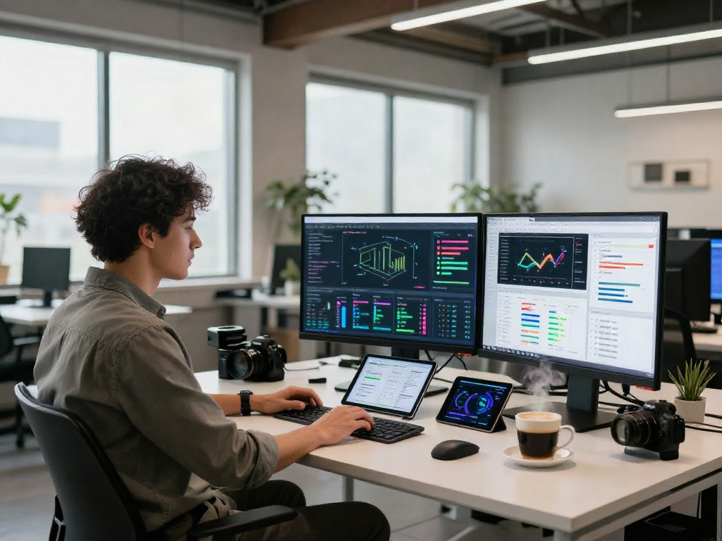 Data analyst utilizing crush ai tools in a modern workspace filled with analytical screens and tech gadgets.