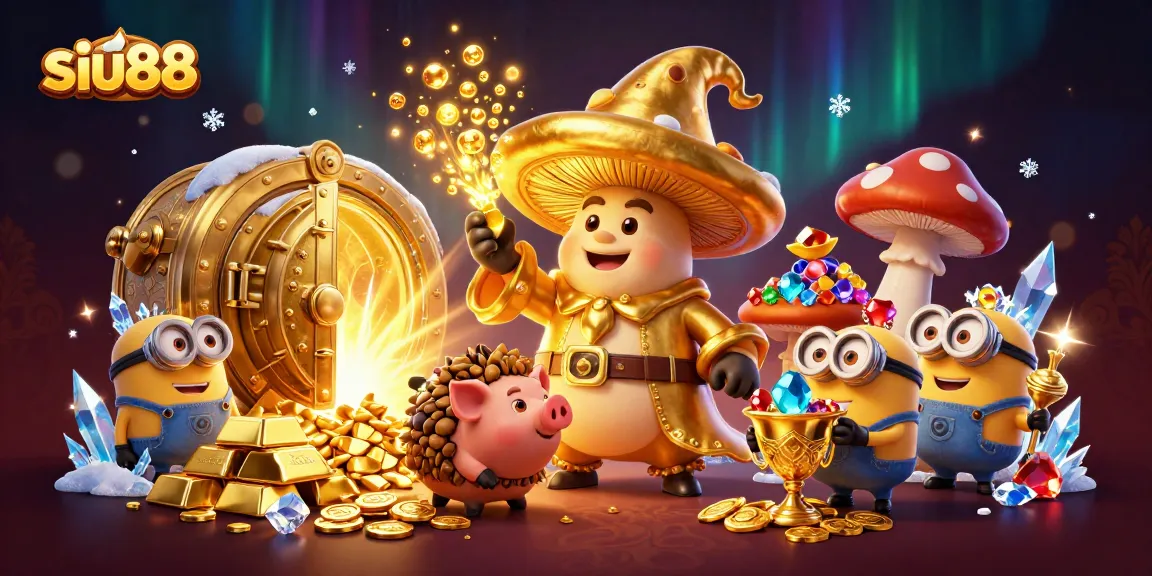 Siu88's vibrant 3D illustration showcases magical characters and treasures of an online casino experience.